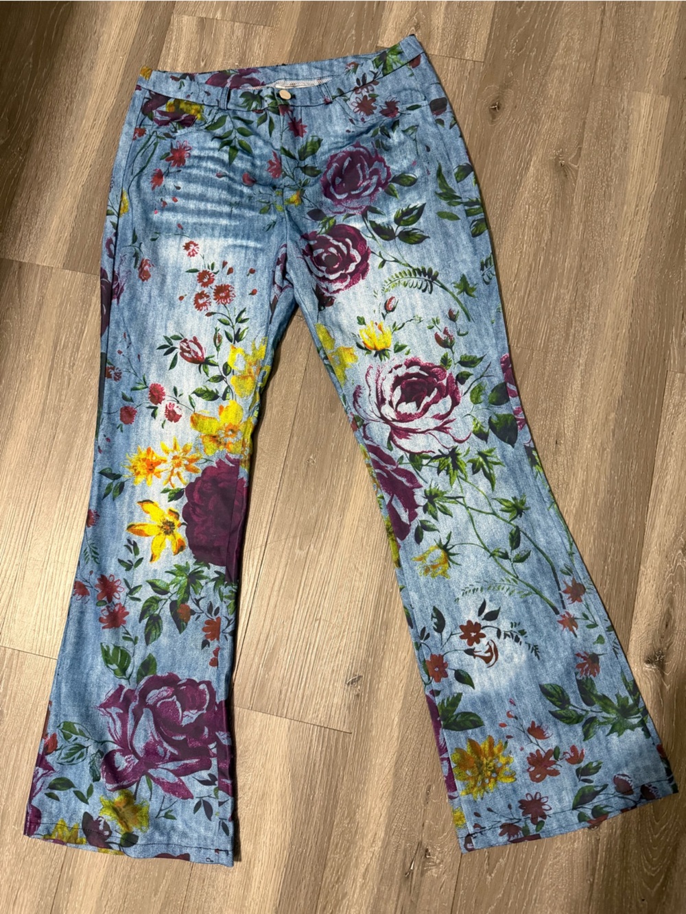 Light Blue Floral Wide-Leg Stretch Polyester Jeans Purple & Yellow Blooms XL